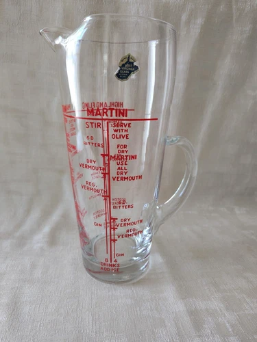 Vtg MCM West Virginia Glass Barware Cocktail Mixer Pitcher Recipes With Stir Rod