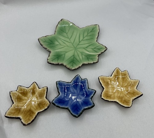 Kotobuki Style Maple Leaves Crackle Glaze Small Ceramic Dish Plates-Set Of 4