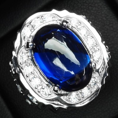 Royal Blue Sapphire Cabochon 7.50Ct 925 Sterling Silver White Gold Ring Size 8.5