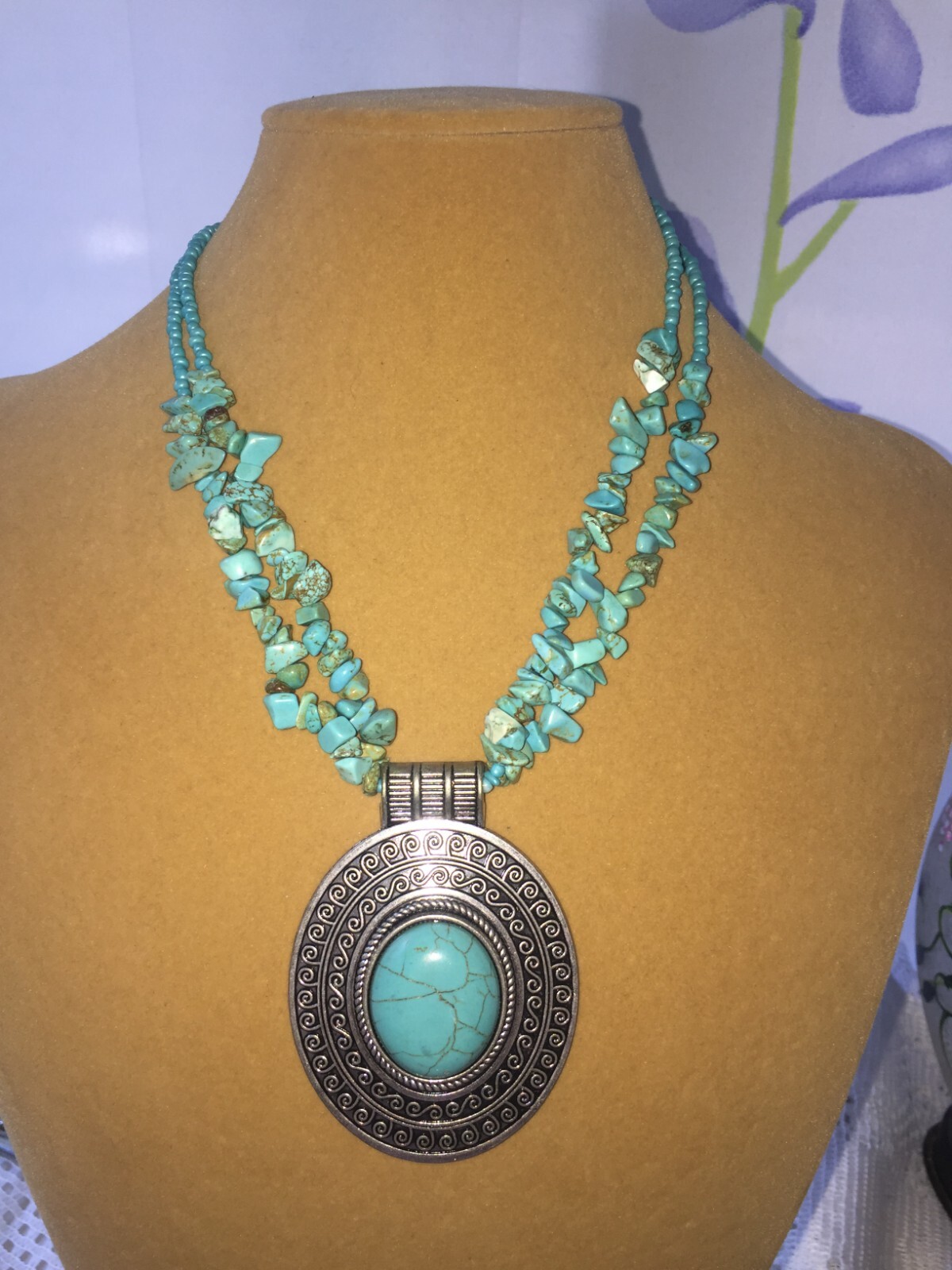 Turquoise and Silver Tone Statement Necklace 17 -… - image 1