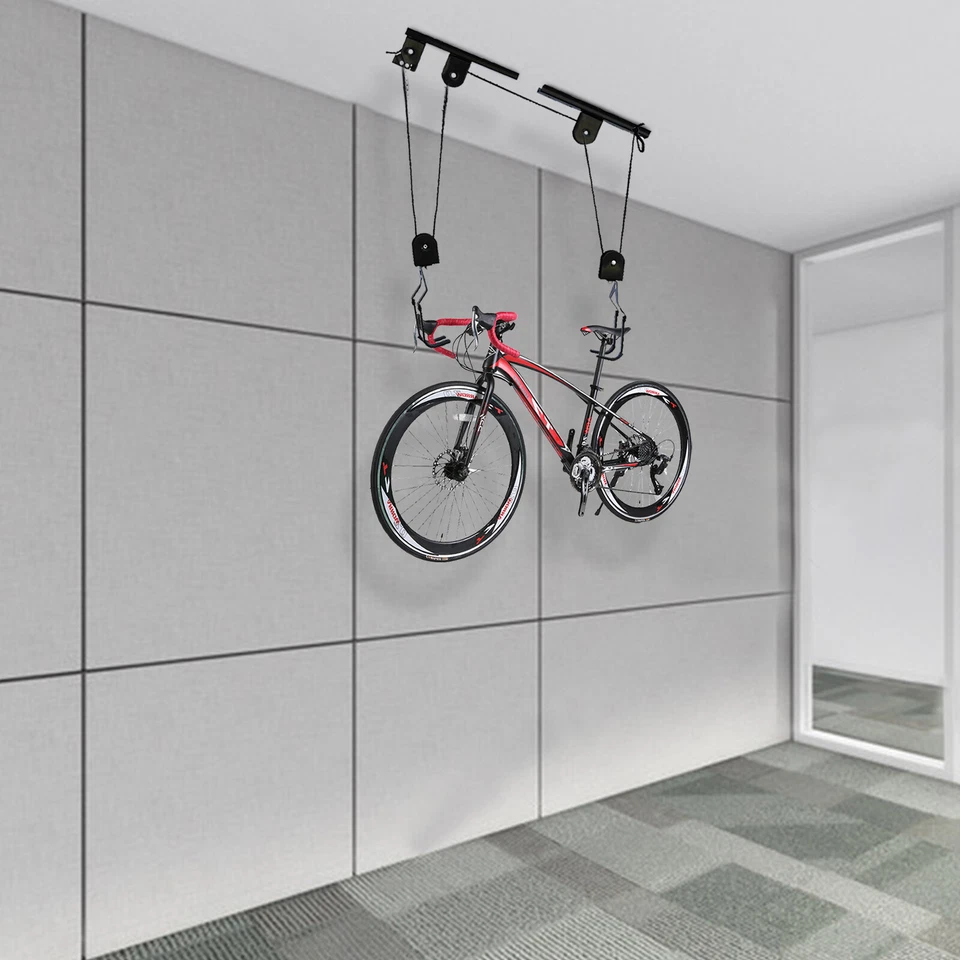 Bicycle Bike Lift Hoist Ceiling Storage Hanger Pulley Rack Garage w/ Hooks - Image 2 of 4
