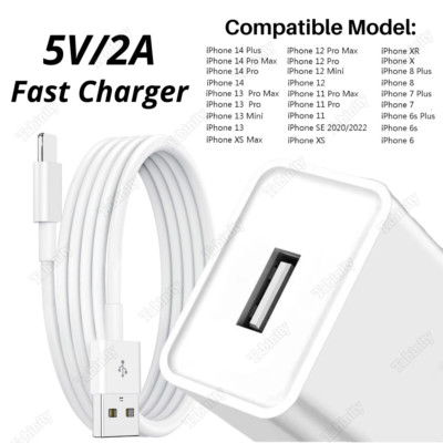 For iPhone 14 13 12 11 8 7 6 USB Cable Wall Charger Power Adapter Cube 5V2A Plug