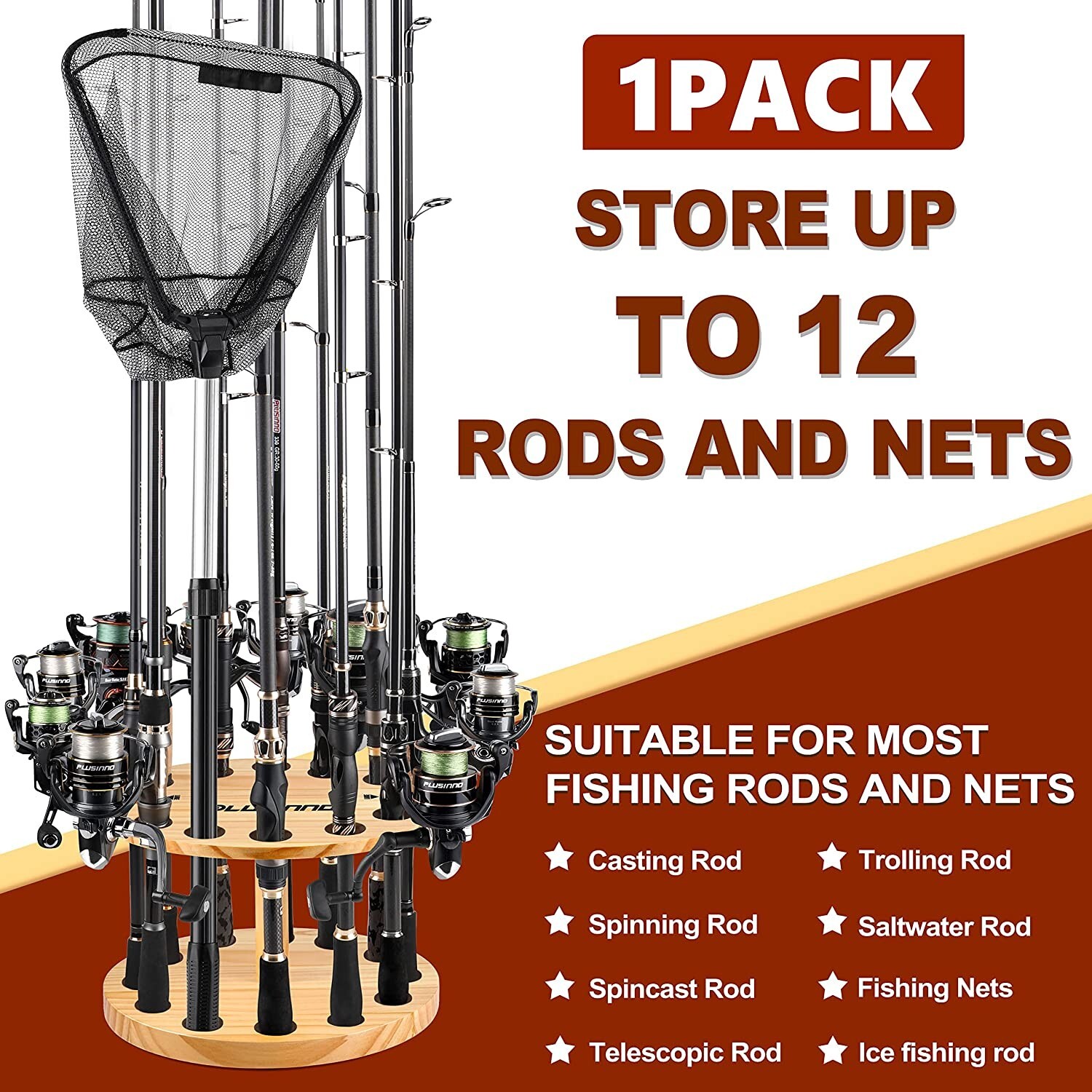 Fishing Rod Holder V12 PLUSINNO Vertical Wooden Round Fishing Rod Rack