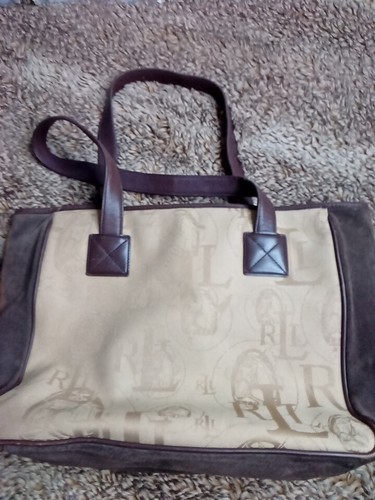 Lauren Ralph Lauren Tan Canvas Horse Logo Brown Suede Shoulder Bag Tote 11"×13" - Picture 11 of 11