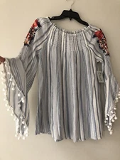 Studio West White Peasant Blouse Smock Neck Embroidered Top Size S Boho Tassels