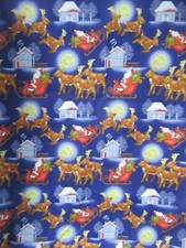 Christmas Eve Santa Claus Reindeer Sleigh Blue Purple Cotton Fabric SBTY X 44