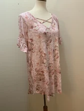 Boutique BE Stage Floral Top Blouse Shirt Bell Short Sleeves Pink Plus Size 1XL