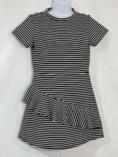 MANGO Casual Women’s Sz 6 White/Black Striped Stretch Zip Ruffle A-line Dress