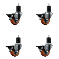 3 Inch Orange Poly Swivel 1-3/4 Inch Expanding Stem Caster Set with Brake SCC
