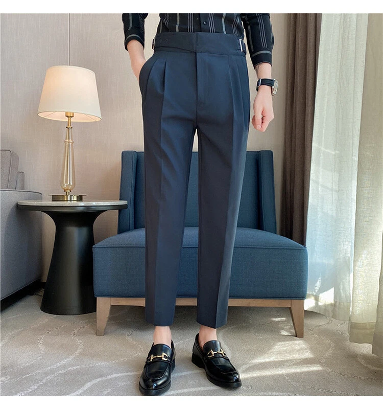 Dress Pants Men British High Waist Straight Formal Pants Men Casual Long  Trouser