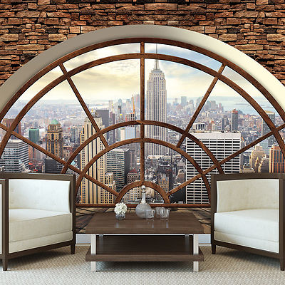 Vlies Fototapete 3D EFFEKT Steinwand Optik New York Wohnzimmer Fenster Tapete 83