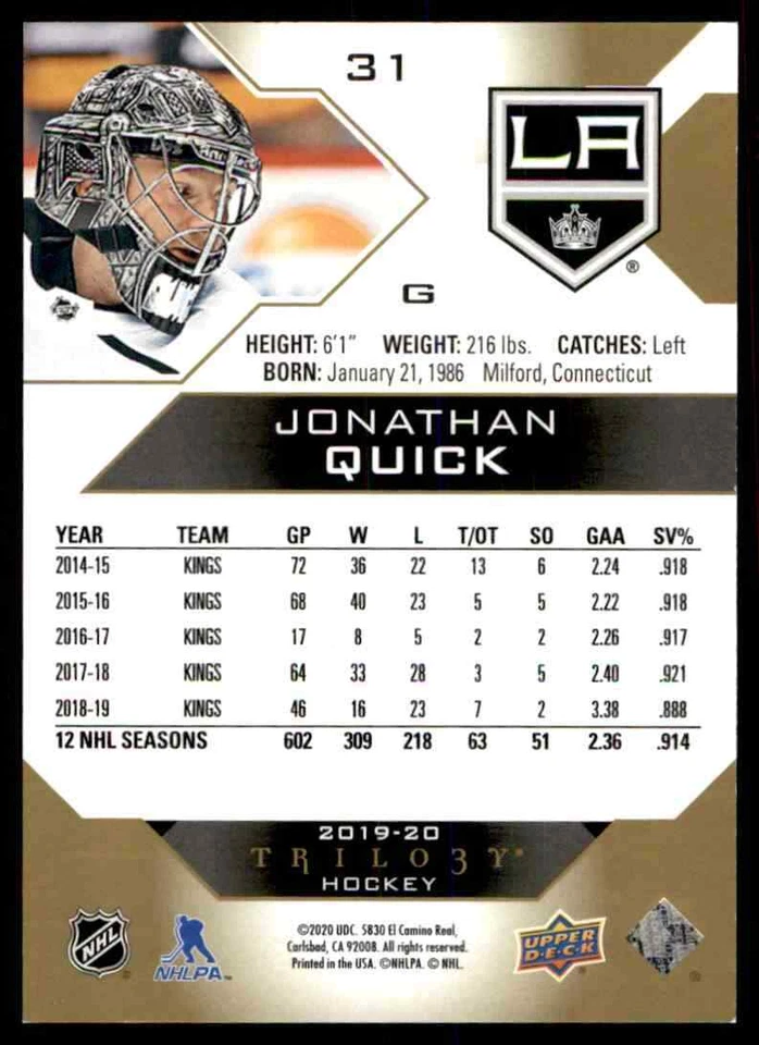 2019-20 Upper Deck Trilogy Jonathan Quick #31 - Image 2 of 2