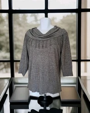 Notations Sweater XL Gray Cowl Neck with Fringe 3/4 Sleeve Lightweight Western 