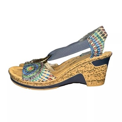 Rieker Roberta Wedge Sandals Side 41/9.5 Peacock Leather Comfort Shoe Stretch