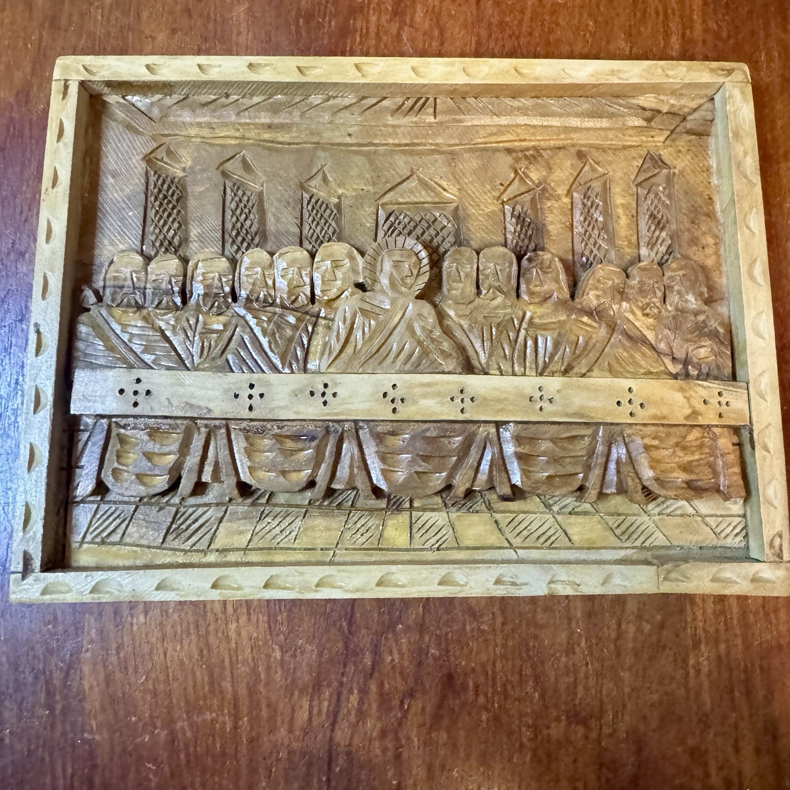 Vintage Jesus Last Supper Plaque 3D Hand Carved Wood Jesus MCM 9” X 7” Christian