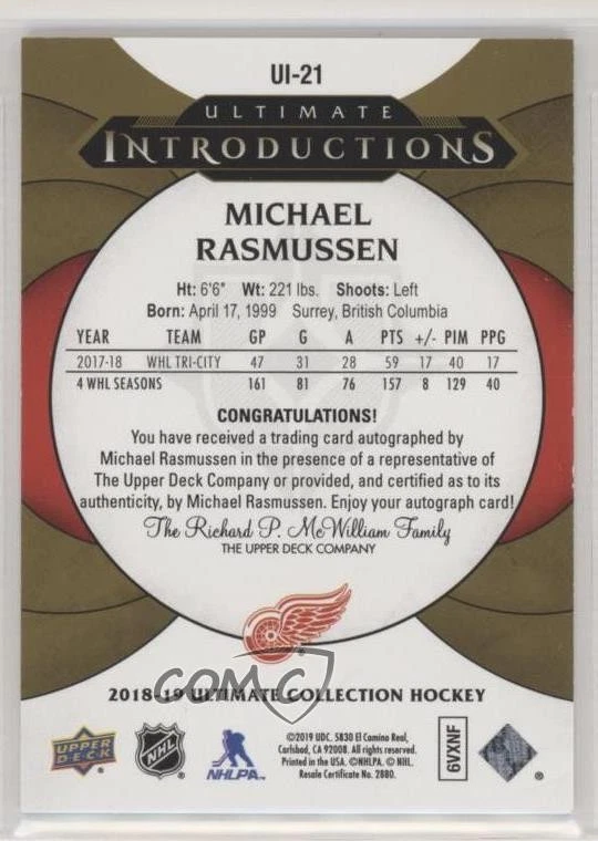 2018-19 Ultimate Collection Introductions Gold Michael Rasmussen Rookie Auto RC - Image 2 of 2