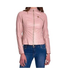Image of Women's Baby Pink Lambskin Leather Biker Jacket Modern Style Real Soft Moto Coat