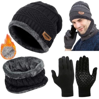Mens Womens Winter Beanie Hat Scarf Set Warm Knit Hat Thick Fleece Lined Cap