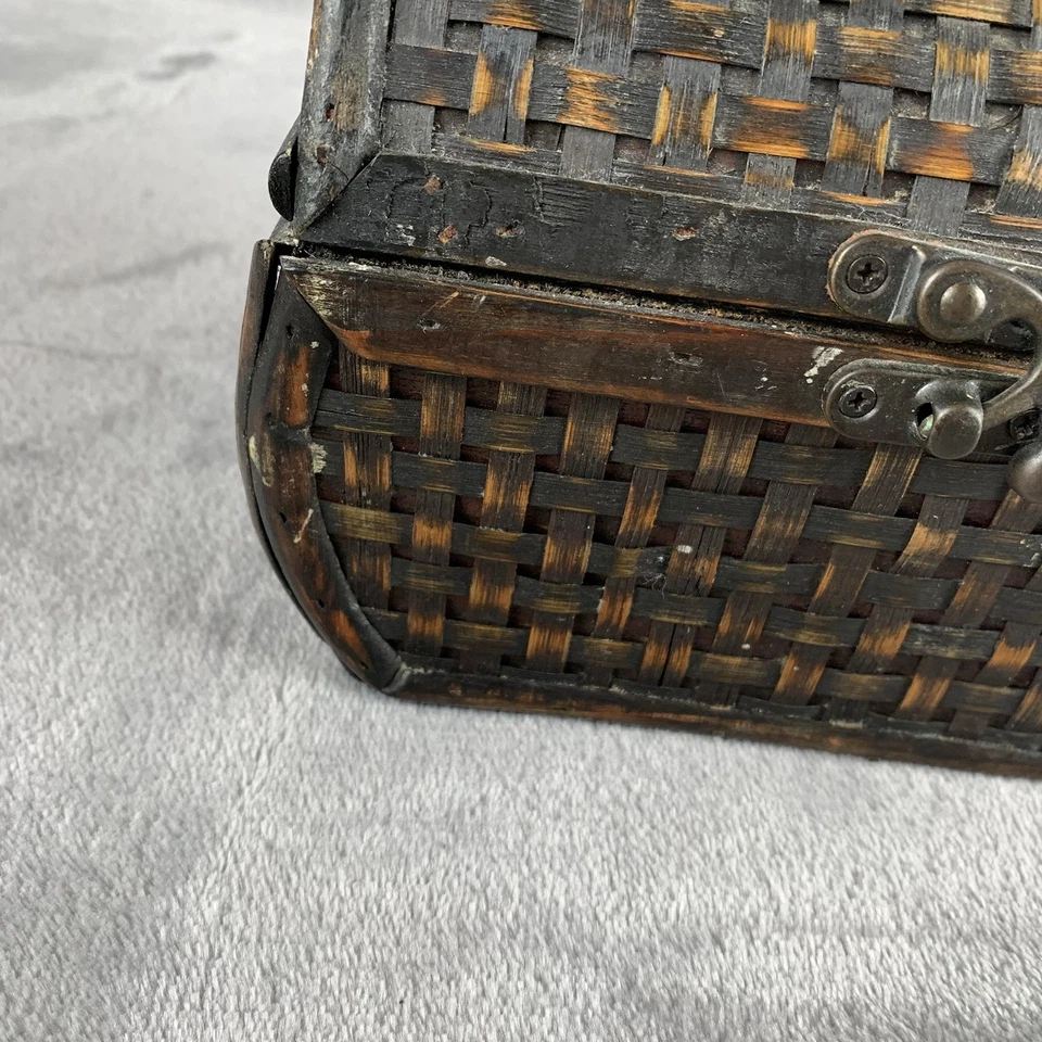 Vintage Hinged Small Wood Chest Trinket Box  Cane & Rattan Woven Basket Trunk - Image 4 of 4