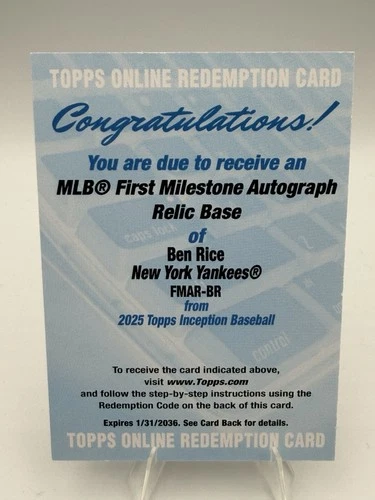 2025 Topps Inception Ben Rice RC First Milestone Auto Game Used Base Yankees /99