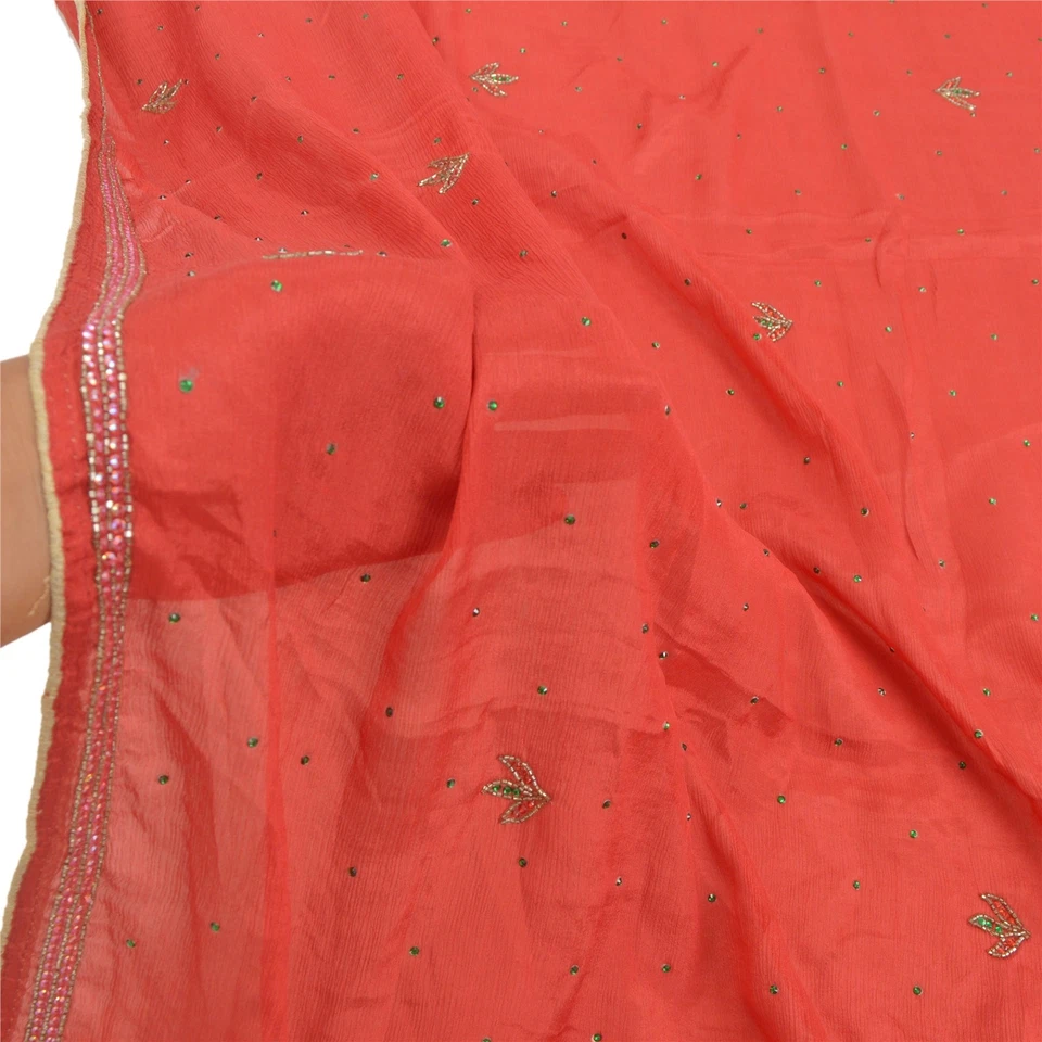 Bufandas de lentejuelas Sanskriti Vintage Dupatta Estola Larga Pura Seda Rojo Velo Cuentas a Mano Foto 2 de 4