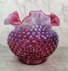 Vintage Fenton Cranberry Glass 5" Texture Opalescent Hobnail Ruffled Vase Pink