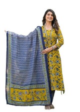 Viscose Women Block Printed Anarkali Kurta And Pant Set With Dupatta