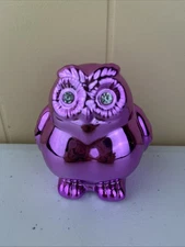 Ceramic Piggy Bank Owl Bird Shaped Mini Bank Cute Baby Owl Pink Metallic Used
