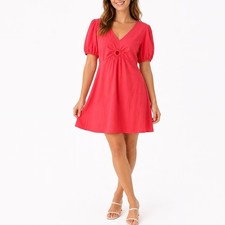 Mango MNG Vestido Coral Pink V-Neck Puff Sleeve Mini Dress Size 2XL 16