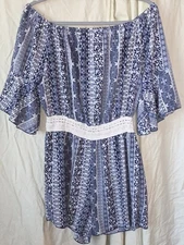 J For Justify Shorts Romper XL Off Shldr Blue/White Crochet Waist Fairy Sleeves