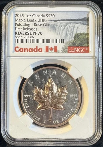 2025 Canada Maple Pulsating Rose Gold Gild 1 oz Silver NGC Reverse PF 70 FR
