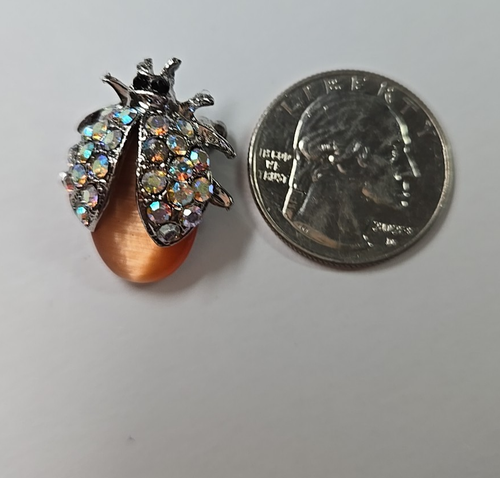 Vintage AB Rhinestone Brooch Lady Bug Beetle Orange Cabochon Silver tone Pin - Picture 3 of 6