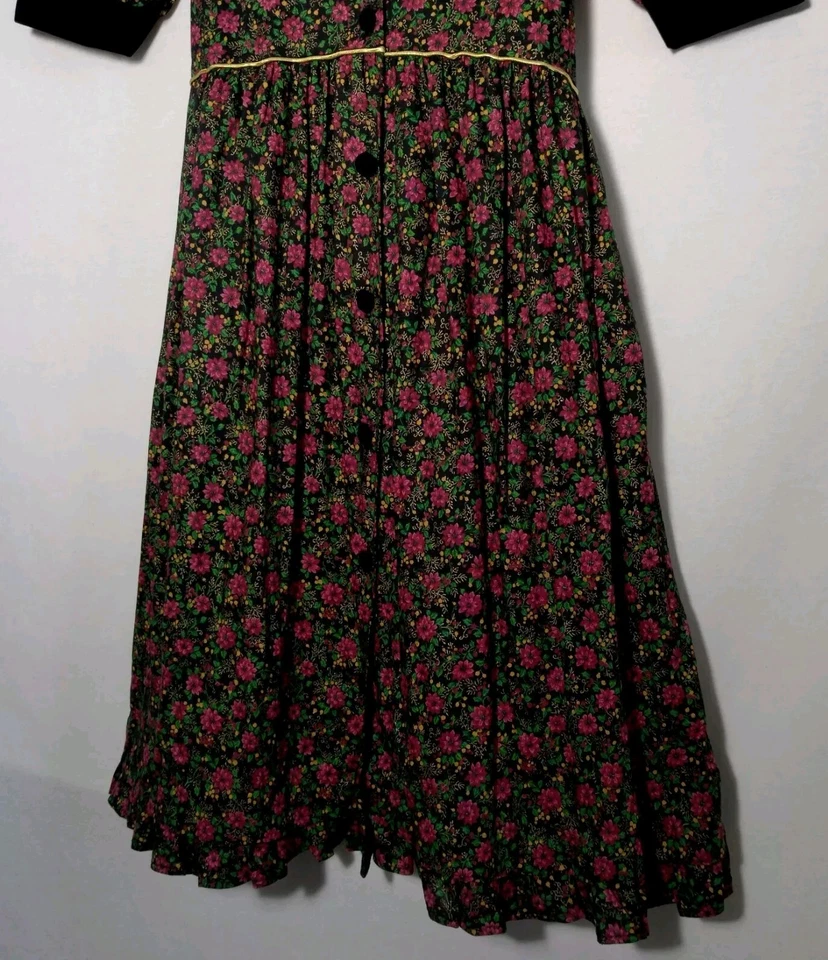 Vestido Thomas Talla 6X Vintage Púrpura Floral Manga Larga Cuello Terciopelo Borde Dorado Foto 4 de 4