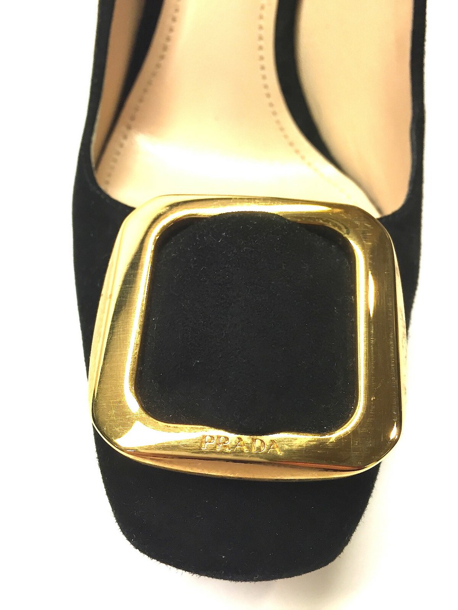 PRADA Black Suede Gold Pilgrim Buckle Platform Heel Pumps Shoes