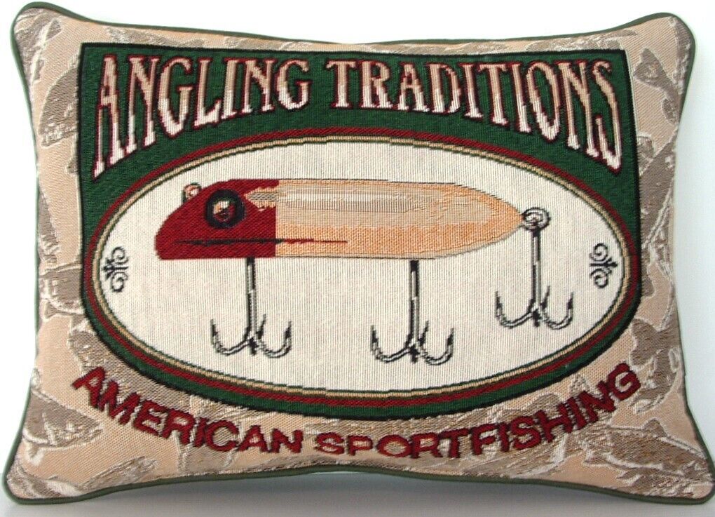 Fishing Lure w  "ANGLING TRADITIONS , AMERICAN SPORTFISHING, Tapestry Pillow New