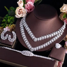 White Cubic Zirconia 2 Row Tennis Necklace Earrings Bracelet Ring Engagement Set