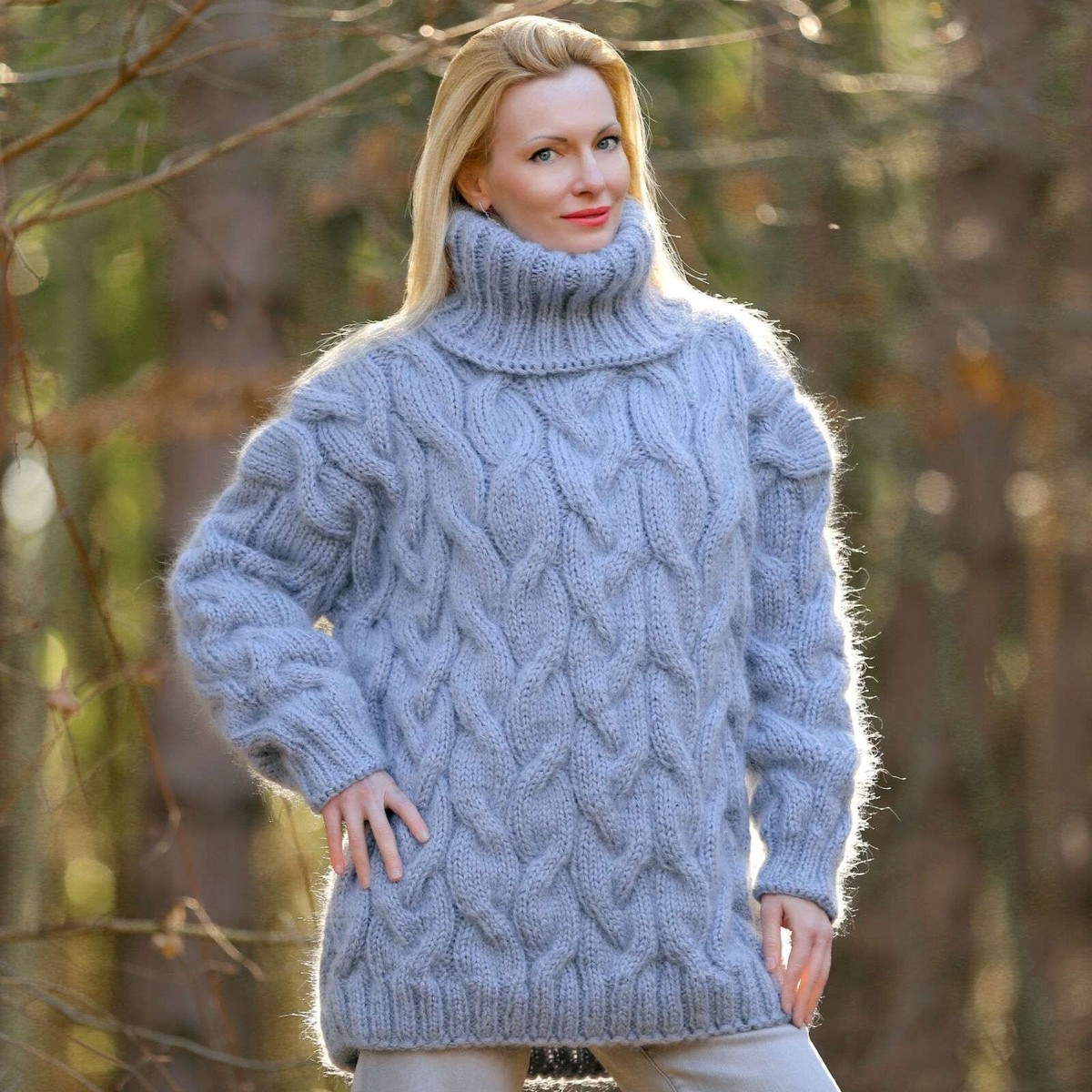 SuperTanya gray cable fuzzy mohair sweater handmade ready to ship