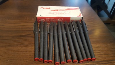 RARE (12) Pentel R204-B Red Superball Roller Ball Pen Metal Tip Micro-Fine Line