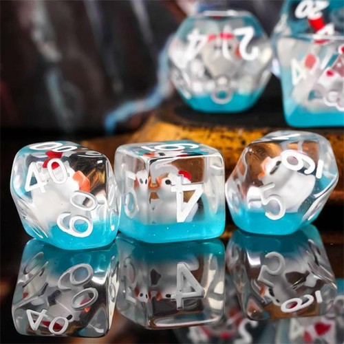 White Duck Red Hat on Blue 7-Dice Set w/White Numbers Dnd Dice Set - Picture 3 of 8