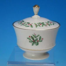 Lenox China - Christmas Holiday Holly Berries - Covered Footed Candy Dish or Jar