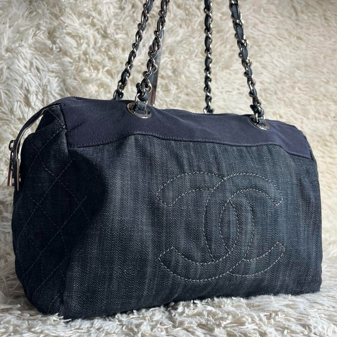 CHANEL Chain Tote Bag Shoulder Bag Coco Mark Denim Indigo