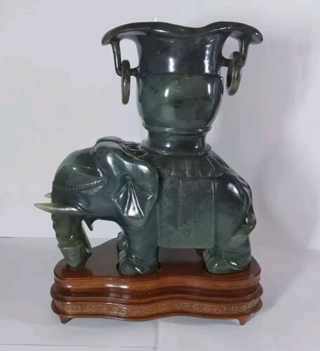 Vintage Spinach Jade Carved Elephant Censor Statue on Stand-6.5 X 6 X 3