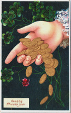 Happy New Year Hand With Golden Coins Vintage Postcard B200