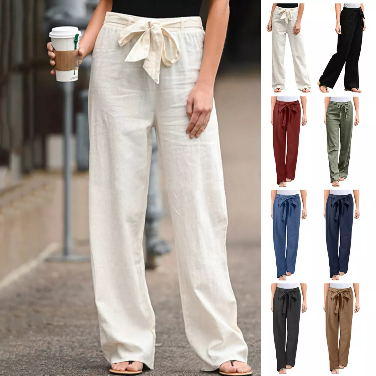 Women Cotton Linen Trousers Straight Leg Summer Casual Slacks