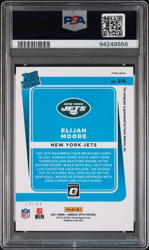 2021 PANINI DONRUSS OPTIC 216 ELIJAH MOORE AUTOGRAPH-BLUE /99 RC PSA MINT 9 - Picture 2 of 2