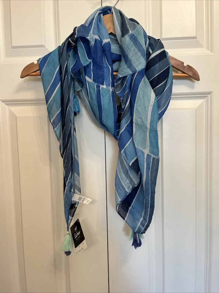 全新带标签 Echo Pareo 沙滩裙 Sarong 矩形围巾蓝色条纹 MSRP $59 漂亮! — 第 2/4 张图片