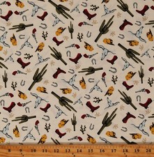 Cotton Go West With John Wayne Cowboys Western Toss Fabric Print by Yard D463.74
