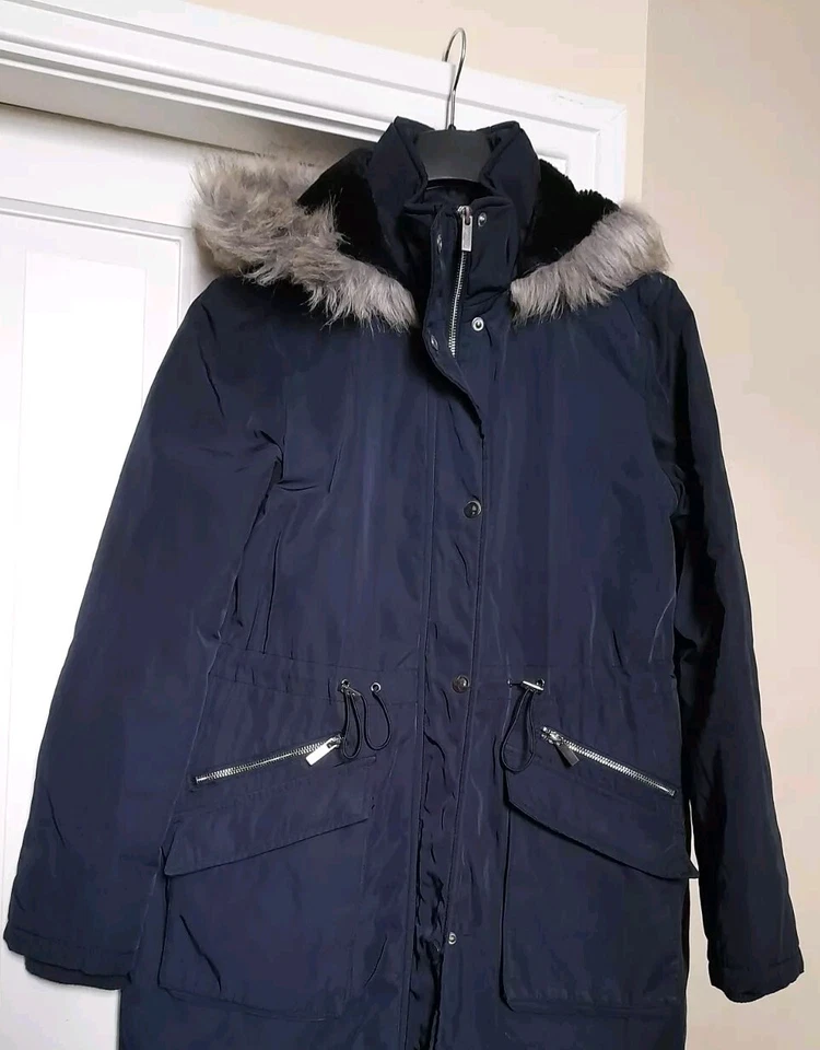 OASIS Navy Blue Hooded Fur Lined Parka Coat S UK 10 VGC - Image 3 of 4