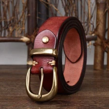 Men Heavy Duty Genuine Leather Belt 33MM Wide Brass Buckle Waistband Classic