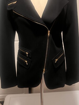 Cache Contour Collection M/Medium Black Zipper Blazer Jacket Asymmetric Zip Gold